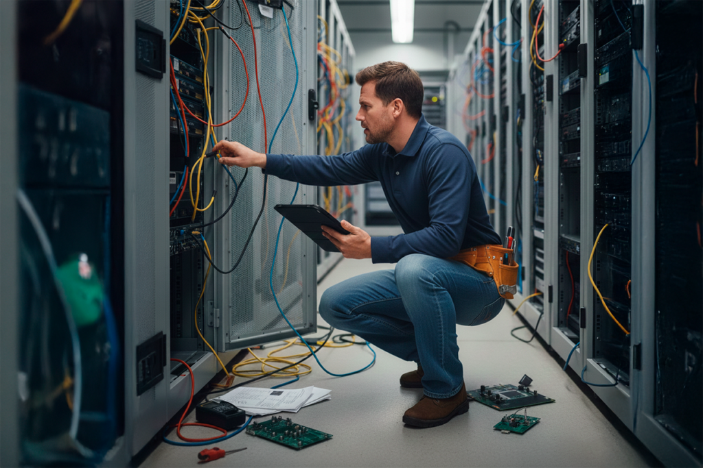 Técnico de campo consultando sistema descentralizado com informações fragmentadas sobre equipamentos