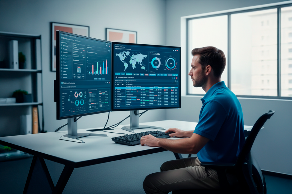 Dashboard MDM mostrando agendamento de atualizações automáticas de dispositivos corporativos