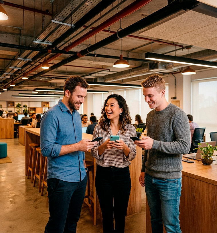 Profissionais utilizando smartphones em ambiente corporativo durante a alocação de profissionais de TI