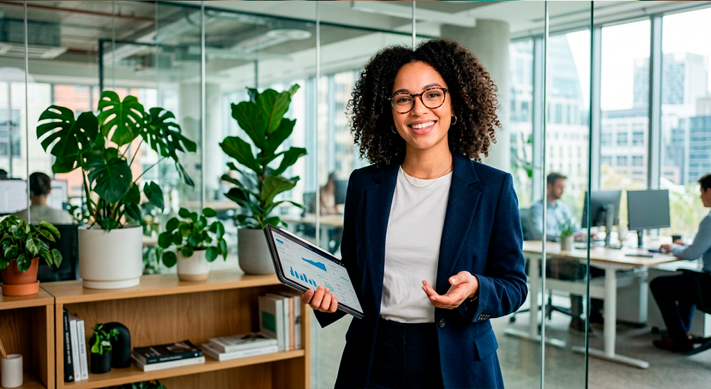 Profissional de TI apresentando dados em tablet em escritório corporativo na terceirização de profissionais de T