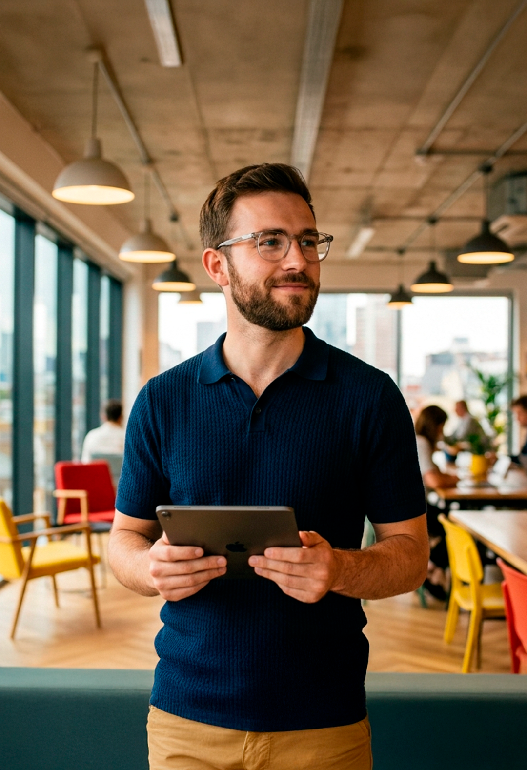 Profissional utilizando tablet em escritório moderno durante a terceirização de profissionais de TI