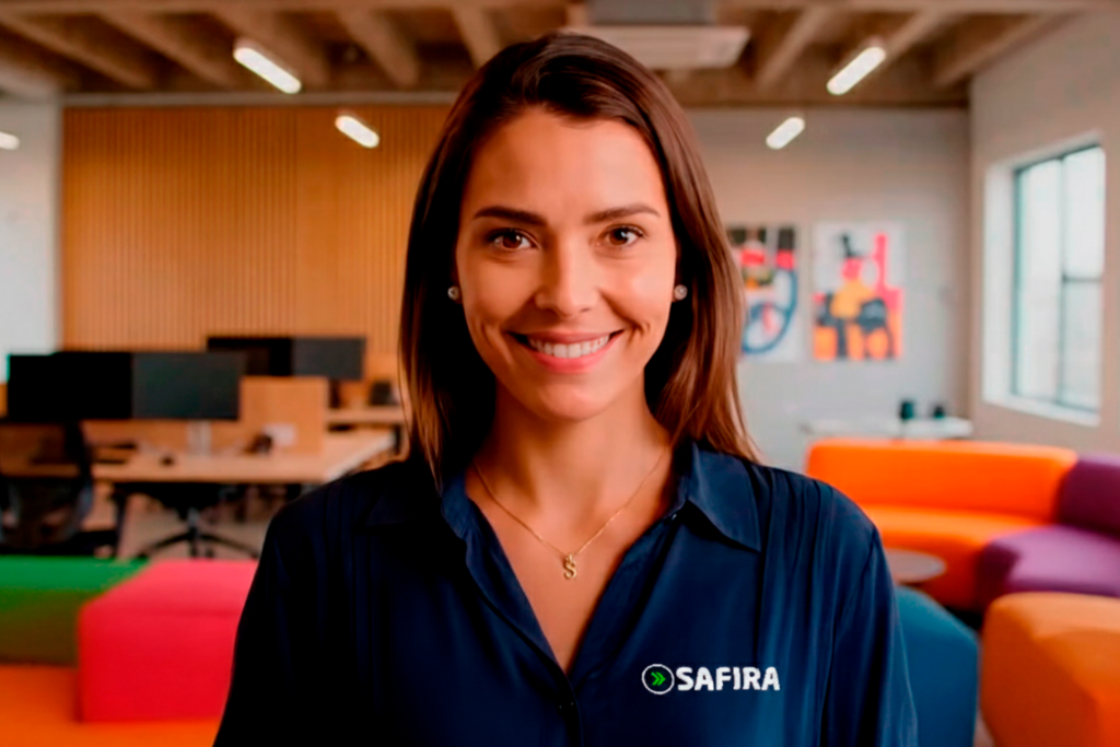 Sarah, assistente virtual de ITAM, representada por uma profissional sorrindo em um escritório moderno.